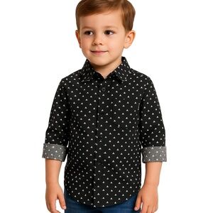 DKNY Boys Button-Up Shirt Size 5 Black White Geometric Print Long Sleeve Classic